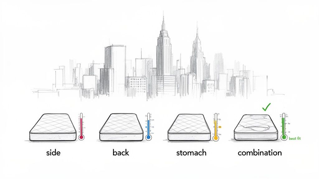 Illustrations of mattresses for side, back, stomach, and combination sleepers, indicating best fit.