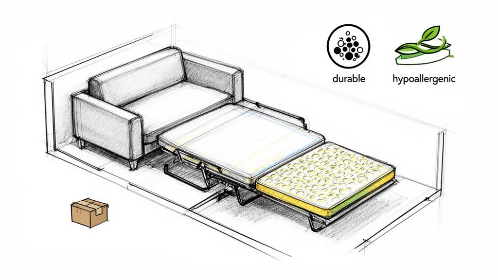 A detailed sketch of a sofa bed converting into a mattress, highlighting durable and hypoallergenic features.