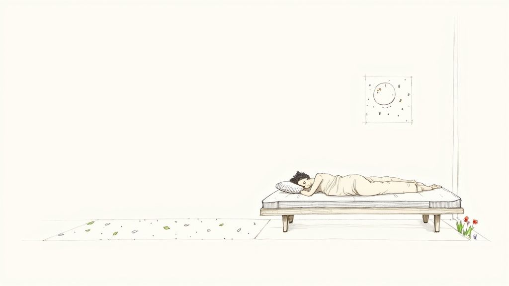 A person peacefully sleeps on a minimalist futon mattress, with scattered leaves and red flowers nearby.