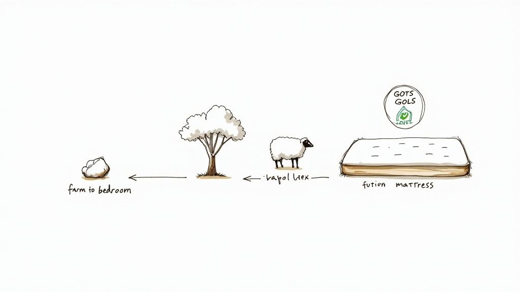 Illustration depicting the natural journey from a sheep's wool and tree to a futon mattress.
