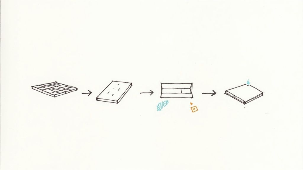 A sequential diagram illustrates a material transformation, showing a grid becoming a solid block, then a folded shape, and finally a heated square.