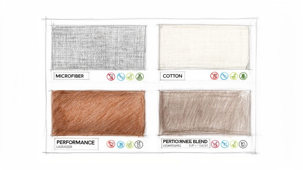 A hand-drawn sketch showing four fabric swatches: Microfiber, Cotton, Performance, and Pertiornee Blend.