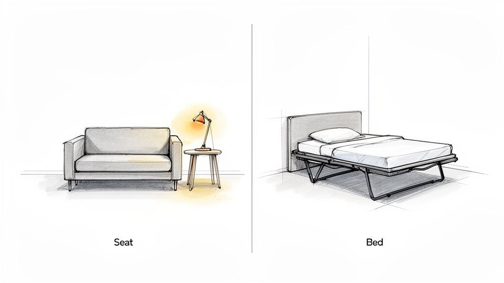 An illustration showing a compact gray sofa on the left and a fold-out bed on the right, demonstrating a sleeper sofa.