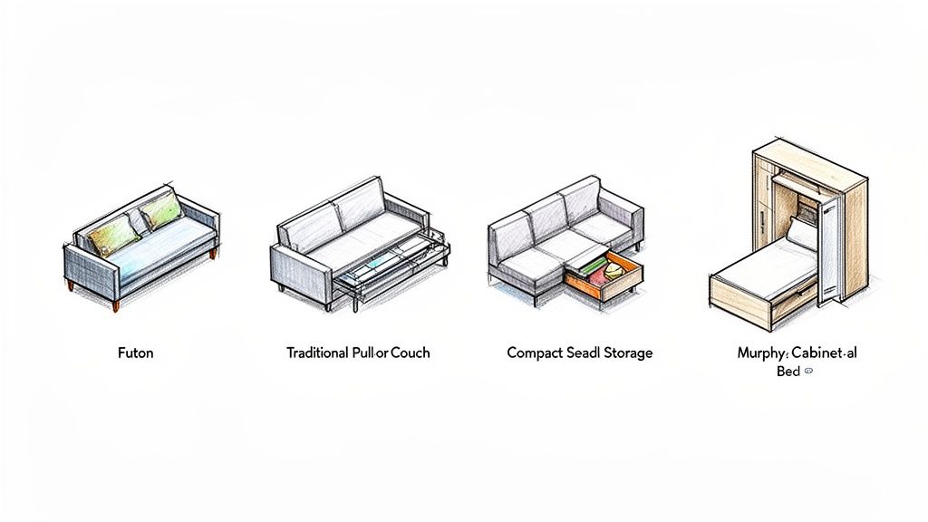 An illustration of four space-saving furniture options: futon, pull-out couch, sectional with storage, and a cabinet bed.