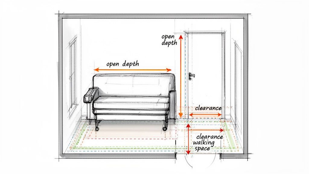 A room layout sketch showing a sofa, a door, and indicated measurements for open depth and clearance.
