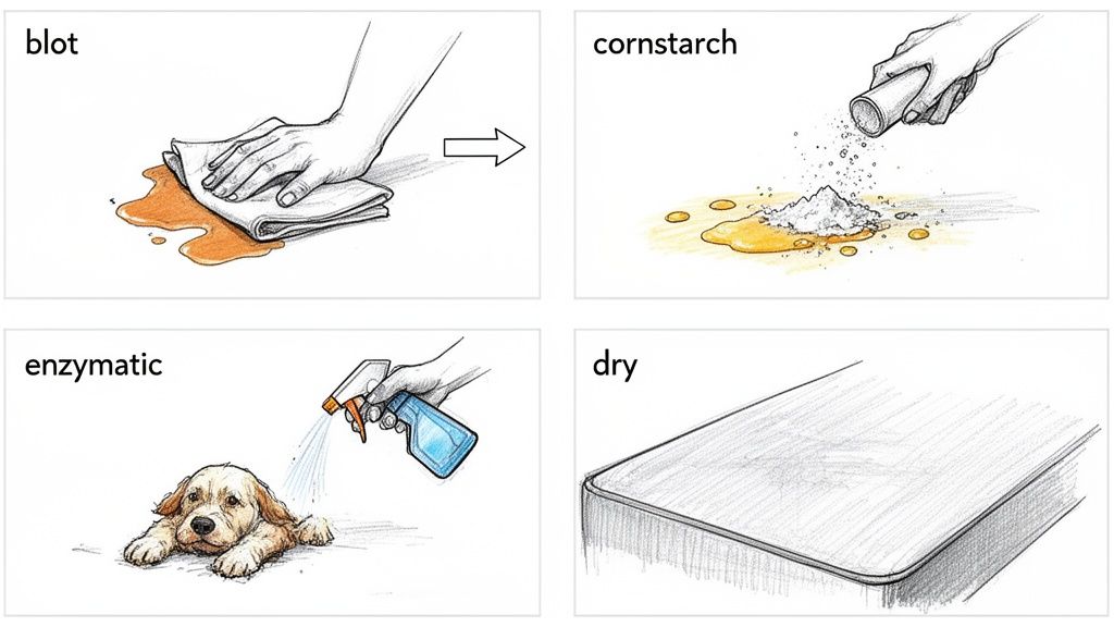 Four illustrations demonstrating different cleaning methods: blotting a spill, applying cornstarch, enzymatic spray for pet messes, and dry wiping.
