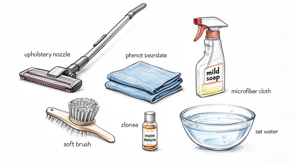 An illustration of various cleaning supplies for furniture including a vacuum nozzle, cloths, mild soap, brush, oil, and water.