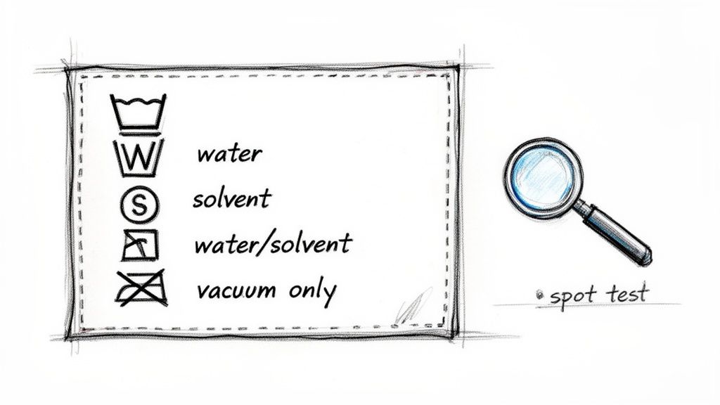 Fabric cleaning symbols for water, solvent, water/solvent, vacuum only, with a magnifying glass for spot testing.