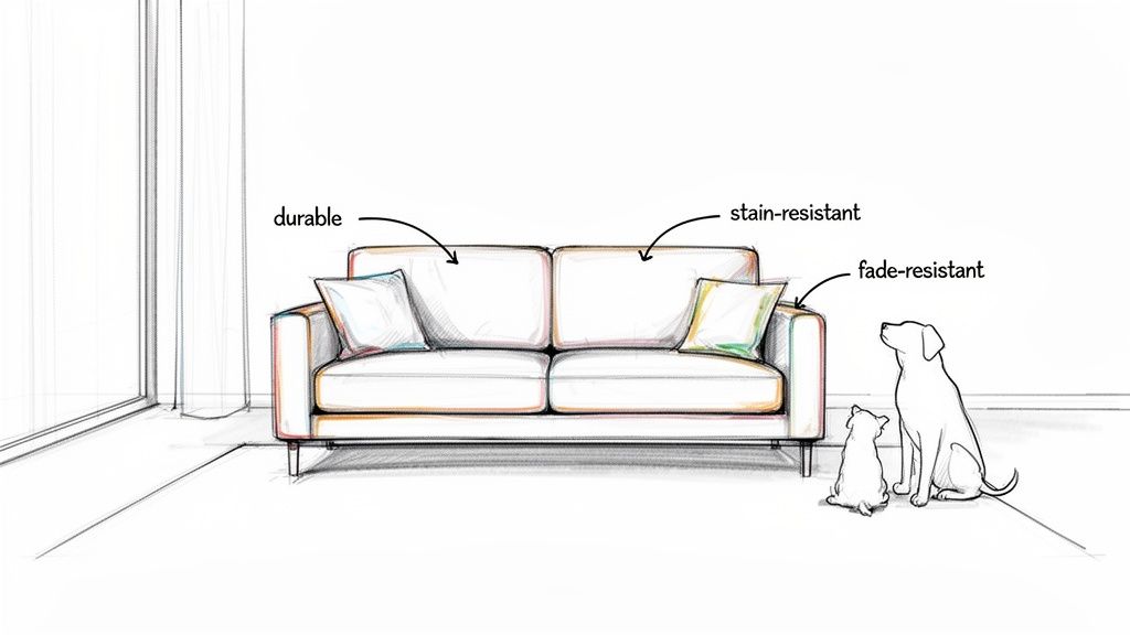 Sketch of a white couch labeled durable, stain-resistant, fade-resistant, with two dogs next to it.