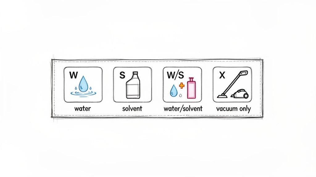 Four symbols illustrate cleaning instructions: water, solvent, water/solvent, and vacuum only for fabric care.