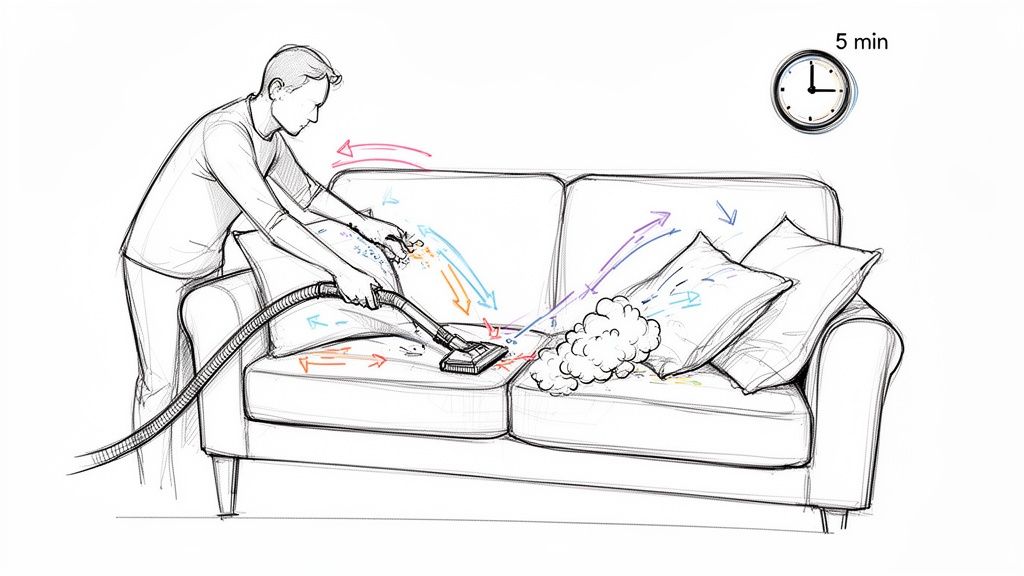 A person uses a vacuum cleaner to clean a sofa, with arrows indicating airflow and dirt removal.