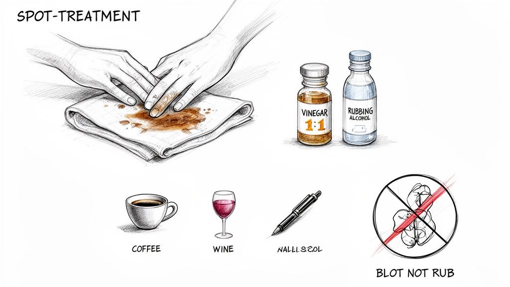 Illustrative guide on how to spot-treat various stains using blotting, vinegar, and rubbing alcohol.