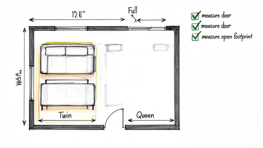 Top-down view of a detailed room floor plan showing furniture layout, dimensions, and a checklist.