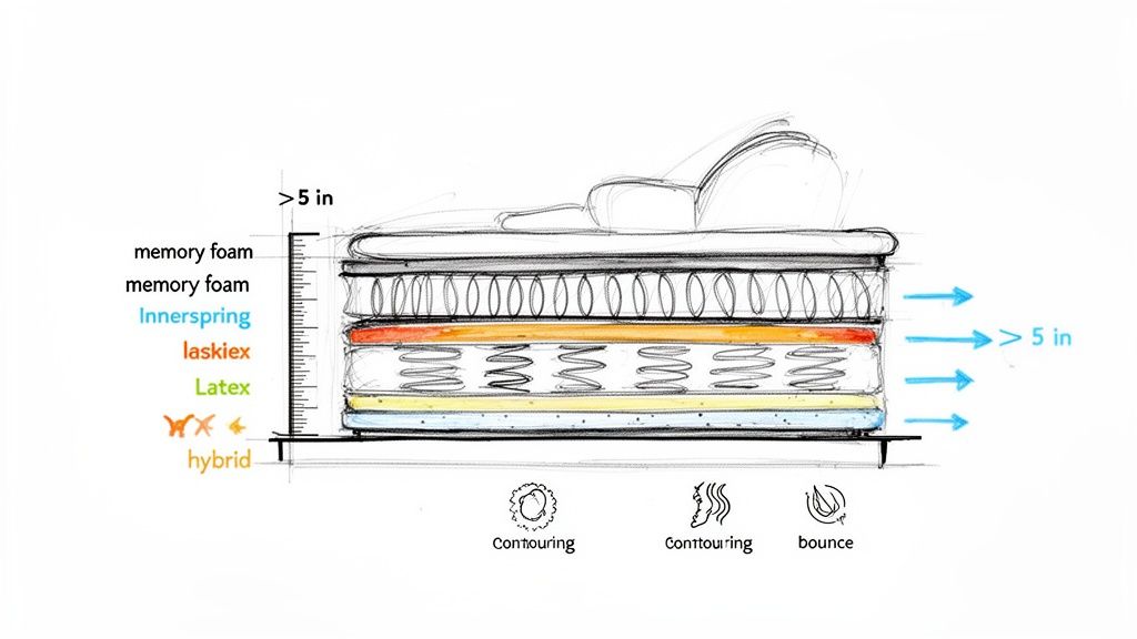 Detailed cross-section of a mattress showing multiple layers including memory foam, innerspring, latex, and hybrid layers.