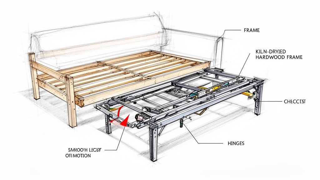 Detailed sketch of a sofa bed showing a hardwood frame and metal pull-out mechanism with hinges.