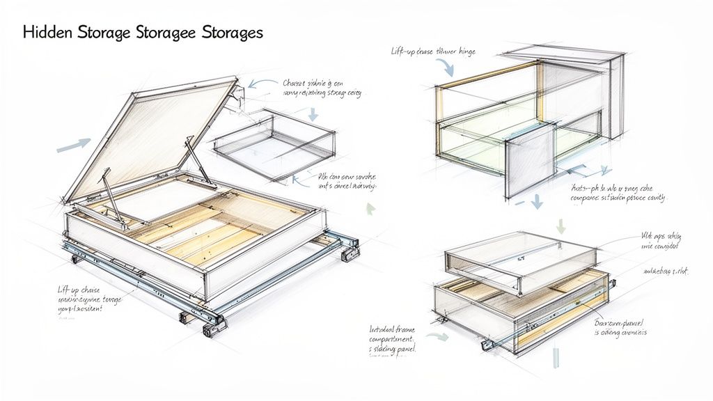 Detailed sketch illustrating various hidden storage mechanisms for furniture, including lift-up panels and sliding drawers.
