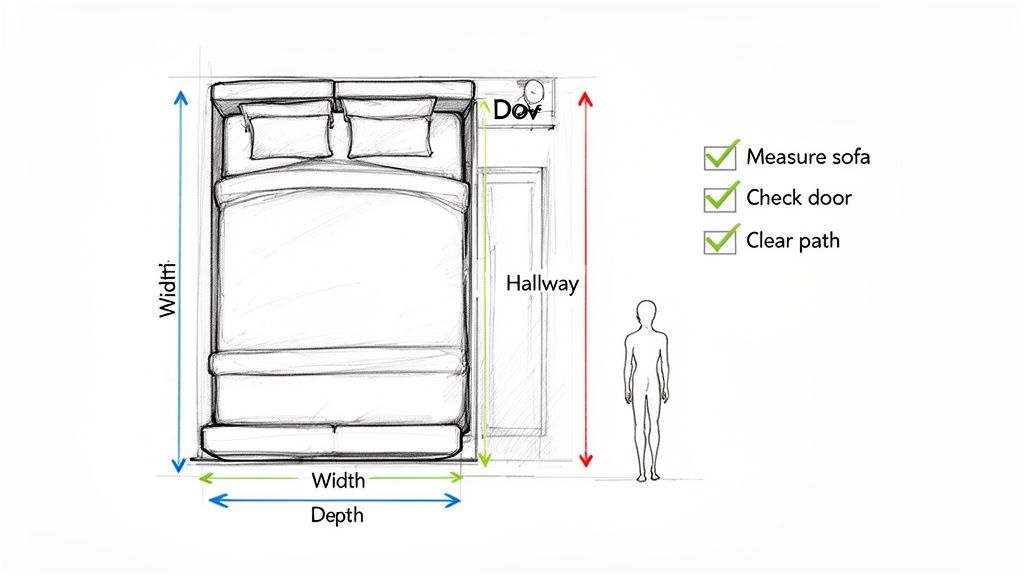 Diagram showing how to measure a bed's width and depth for fitting through a door and hallway.