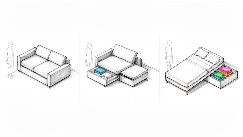 Series of sketches illustrating a convertible sofa transforming into a bed with integrated storage drawers.