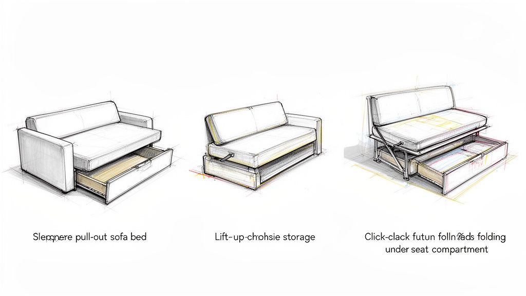 Three sketches illustrating different types of convertible sofa beds: pull-out, lift-up storage, and click-clack folding with under-seat compartments.