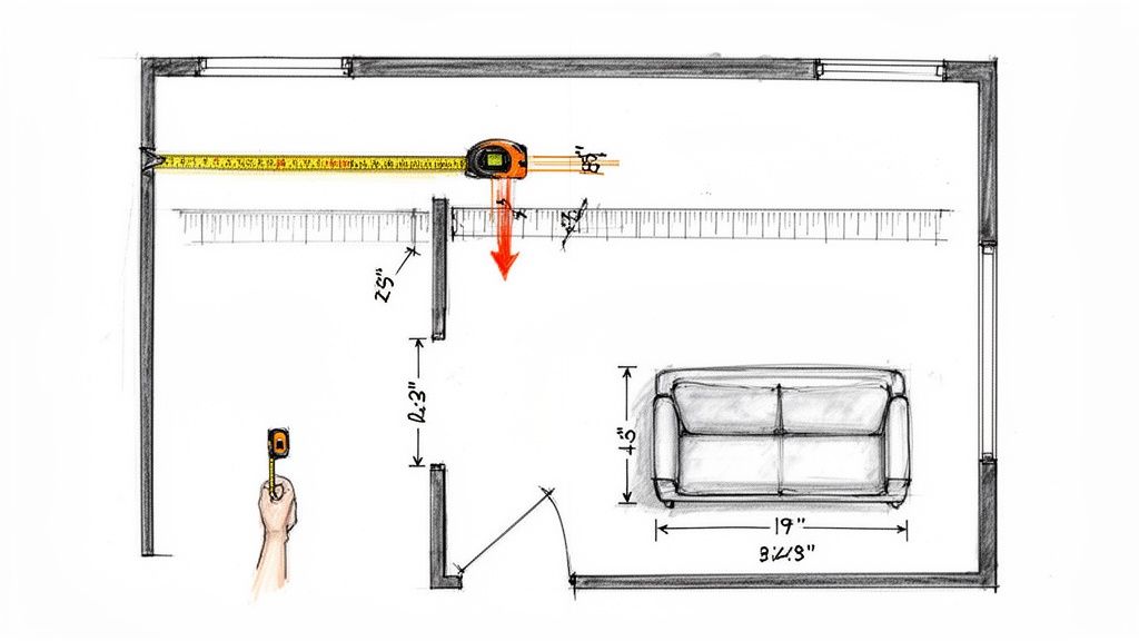 A hand-drawn floor plan illustrates room dimensions with tape measures, featuring a couch and closet area.
