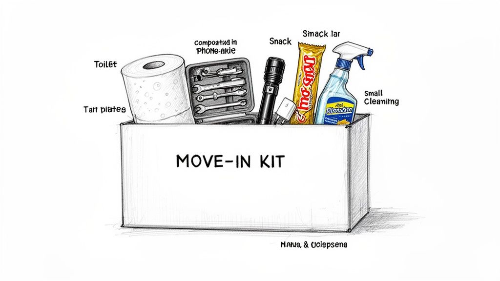 A sketch of a 'MOVE-IN KIT' box filled with first apartment essentials like toilet paper, tools, a snack, and cleaning spray.