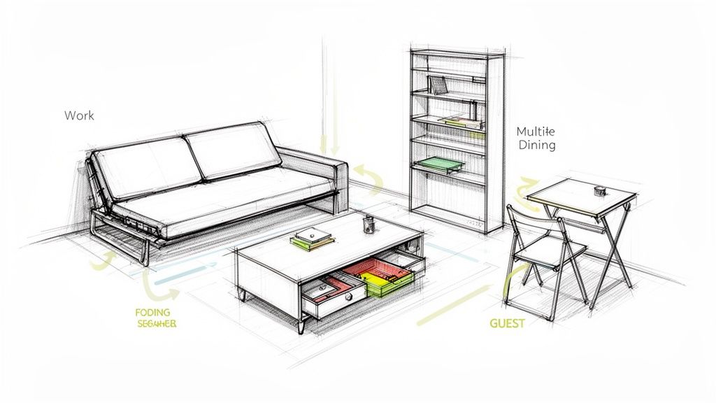 Sketch of a multi-functional small apartment interior with a sofa, coffee table, bookshelf, and dining set.