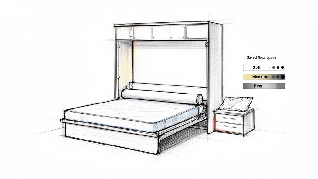 A detailed sketch of a space-saving Murphy bed with a mattress and an adjacent nightstand.