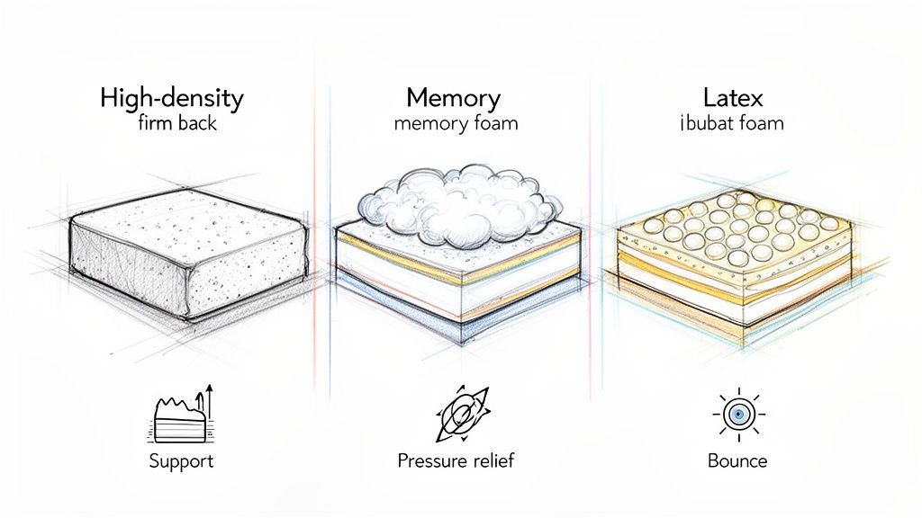 Illustrations depicting high-density, memory, and latex mattress foams with their benefits.
