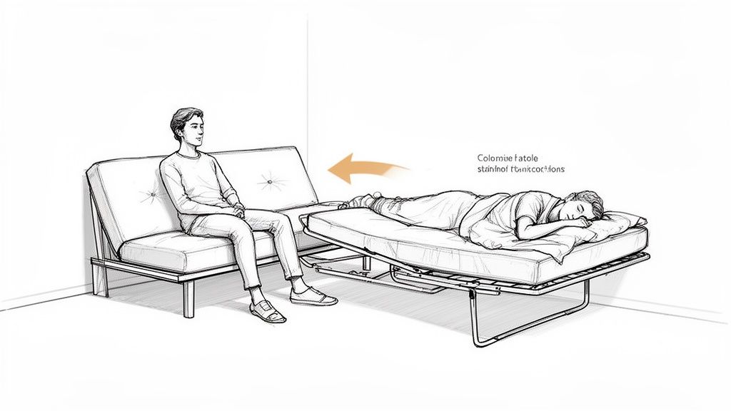 Illustration of a futon sofa converting to a bed, one person sitting, one sleeping.