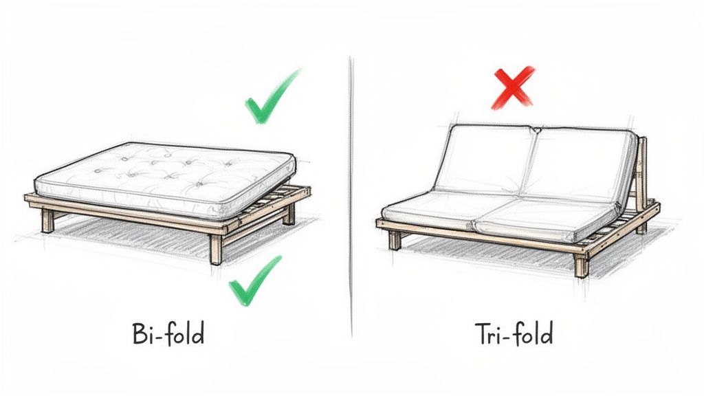 An illustration comparing correct bi-fold futon mattress setup (flat) versus incorrect tri-fold futon arrangement (folded).