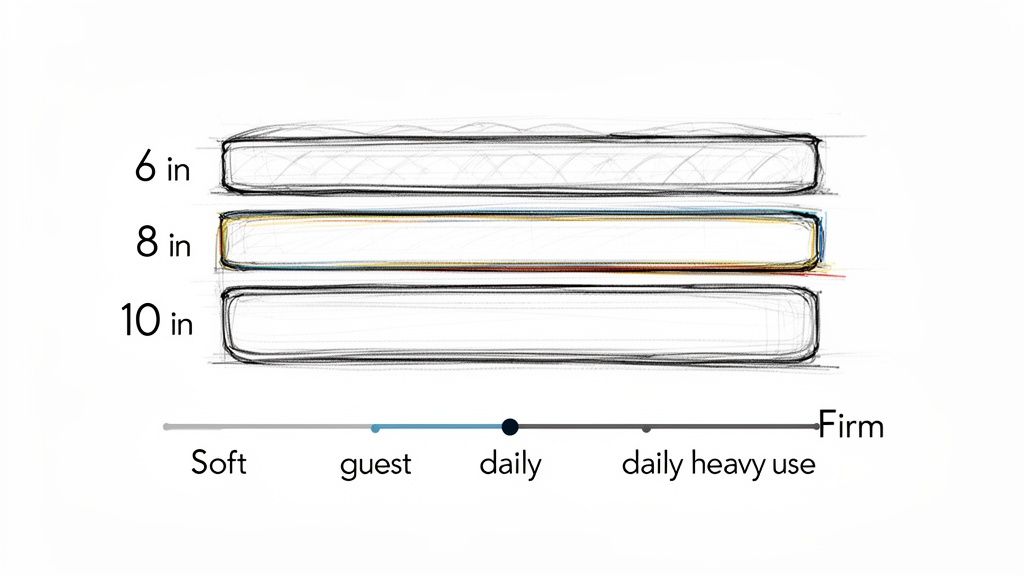 Illustration showing three mattresses (6, 8, 10 inches thick) and a firmness scale from soft to firm for different uses.