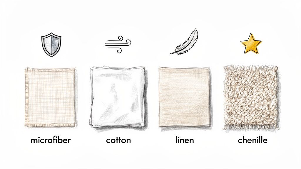 Four fabric types: microfiber, cotton, linen, chenille, with icons representing their characteristics.