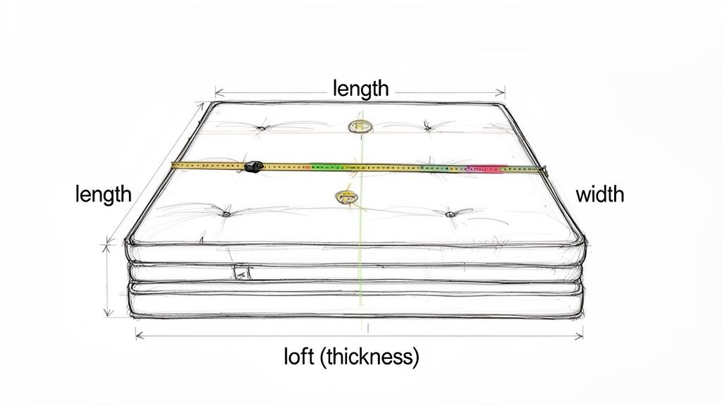 A diagram illustrates how to measure a mattress for its length, width, and loft (thickness).