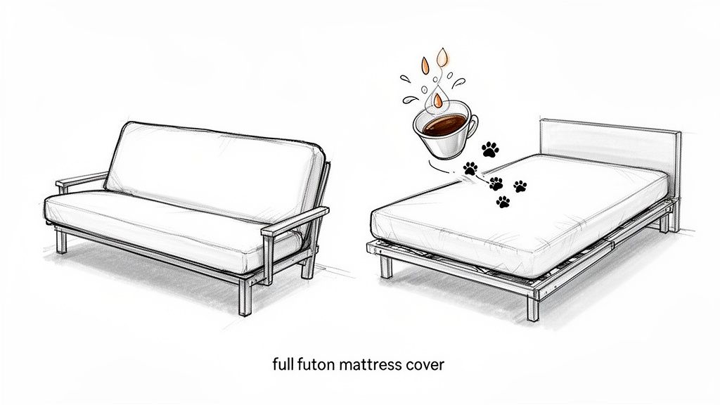 Illustration showing a futon sofa and a bed mattress with coffee spills and pet paw prints, highlighting mattress cover protection.