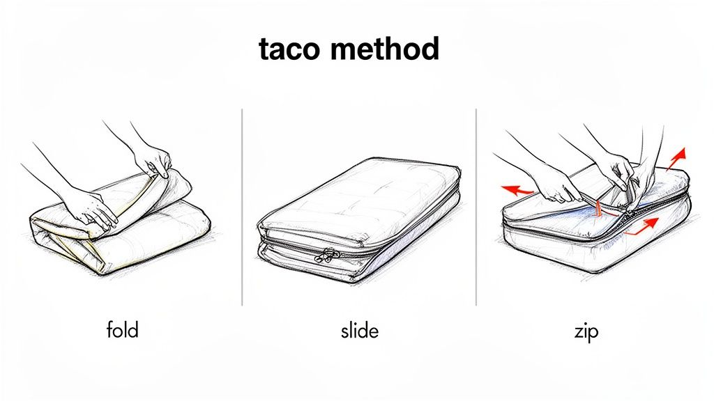 Illustration of the 'taco method' showing three steps to fold and zip a futon mattress into a cover.