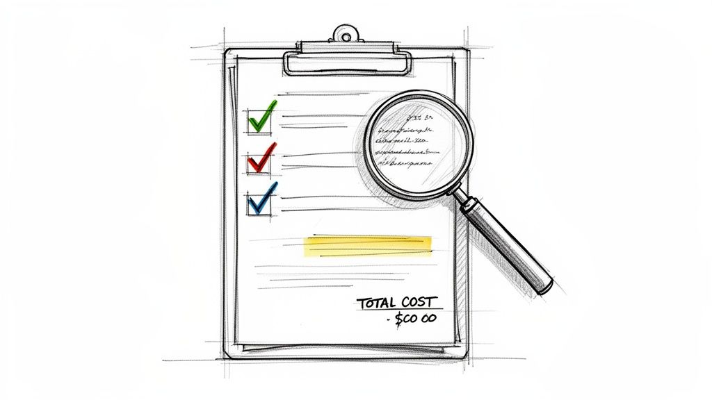 Sketch of a clipboard with a checklist, three checkmarks, magnifying glass, and total cost.