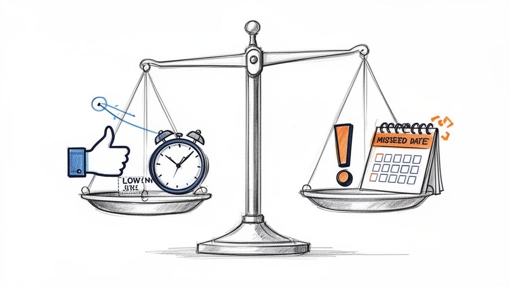 Balance scale illustrating positive timing and benefits (thumbs-up, clock) versus missed deadlines and warnings.