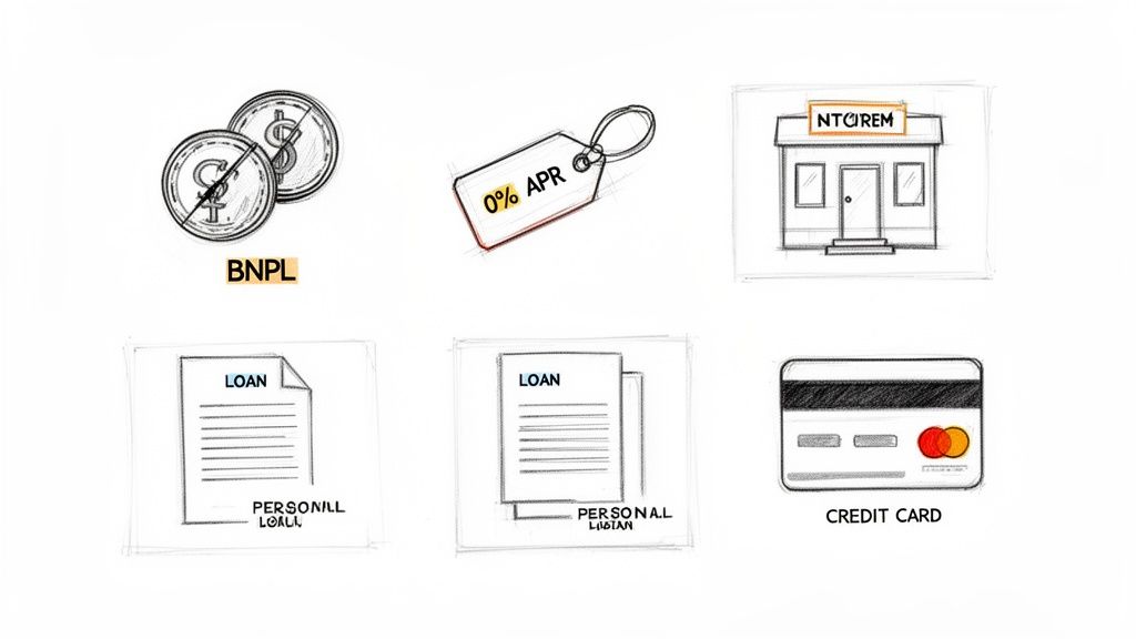 Sketches illustrating various financial concepts like BNPL, 0% APR, personal loans, and credit cards.