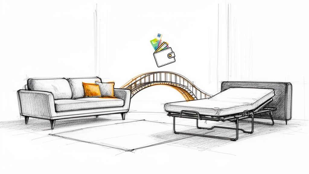 Sketch of a living room showing a sofa, a pull-out bed, a bridge, and a wallet with money.