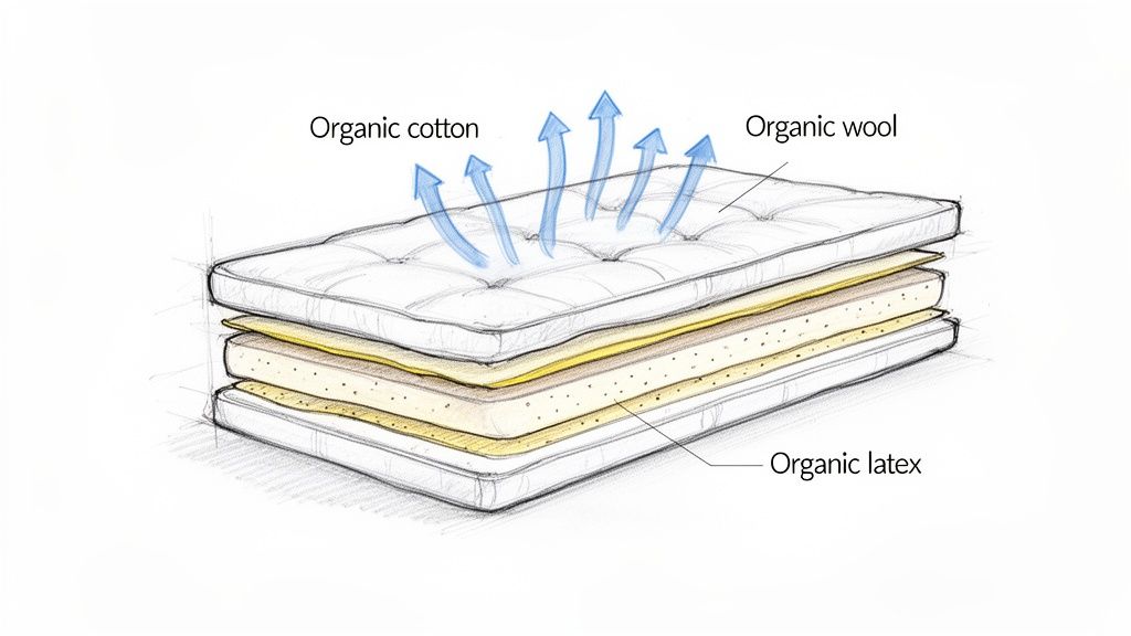 Detailed diagram of an organic futon mattress showing layers of organic cotton, wool, and latex, with ventilation.