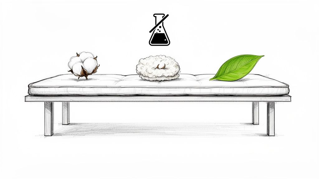 Organic futon mattress concept with natural cotton, plant fibers, a leaf, and a 'no chemicals' symbol.