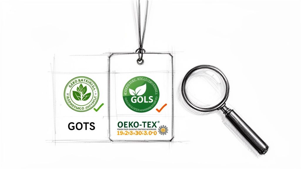 Sketches of GOTS, GOLS, and OEKO-TEX organic certifications on labels, with a magnifying glass for quality inspection.
