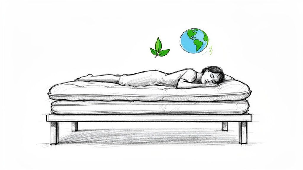 An illustration of a person sleeping on a futon mattress, with green leaf and earth symbols.