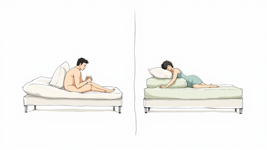 Illustration of two different bed setups: a person on a futon and a woman sleeping on a regular bed.