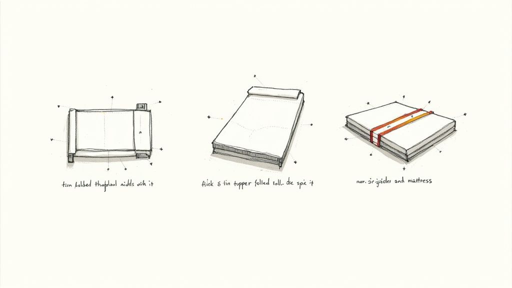 Three minimalist sketches illustrating different ways to fold and store a futon or mattress topper.