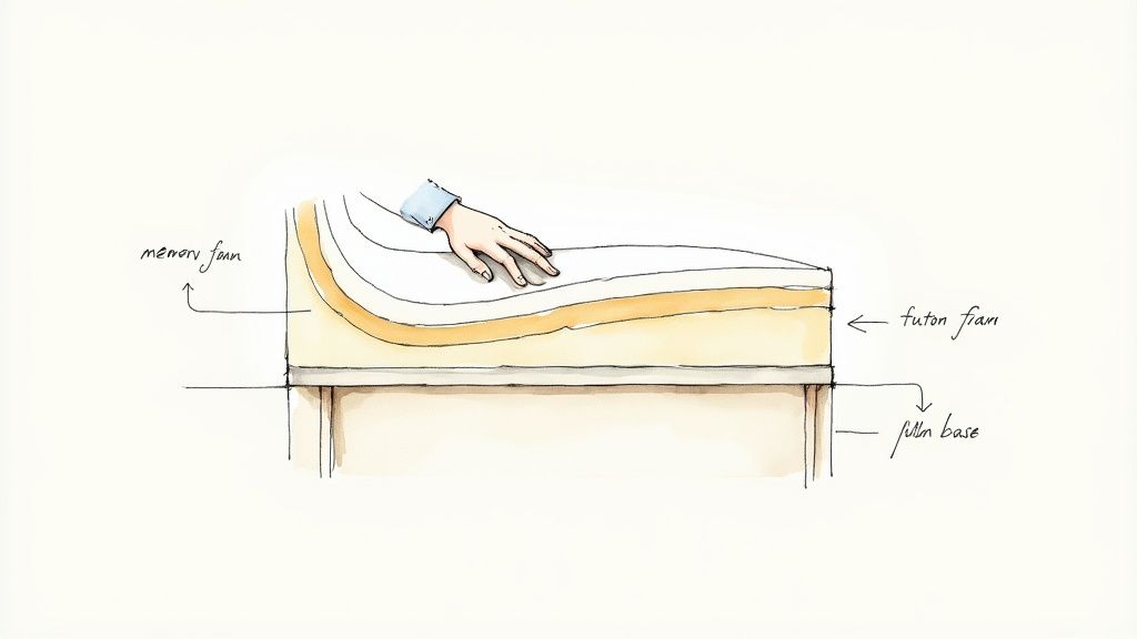 Watercolor illustration showing a hand pressing into a layered futon mattress with memory foam.
