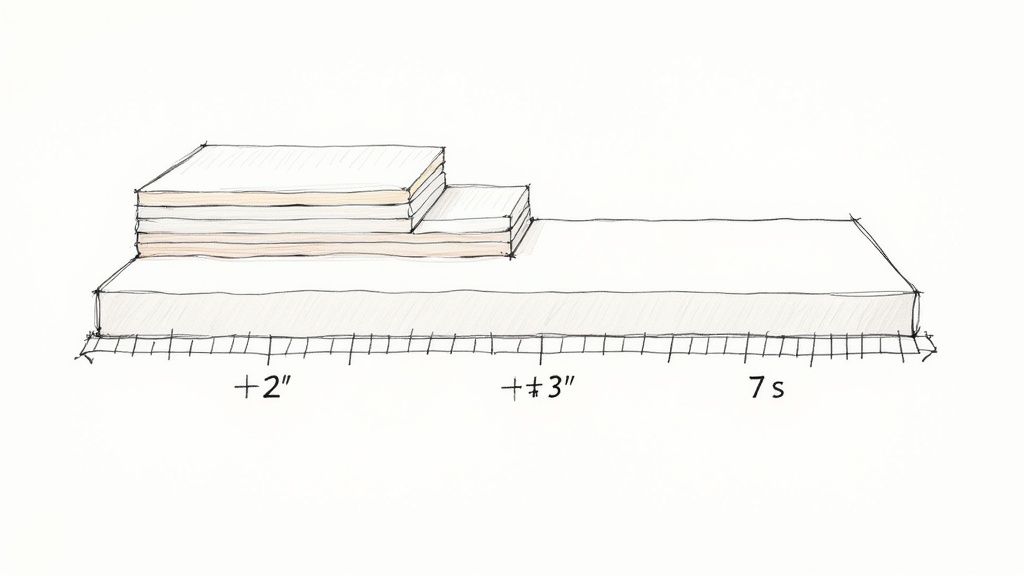 A hand-drawn diagram illustrating the layered construction of a futon mattress or topper, with sections marked +2", +3", and 7s.