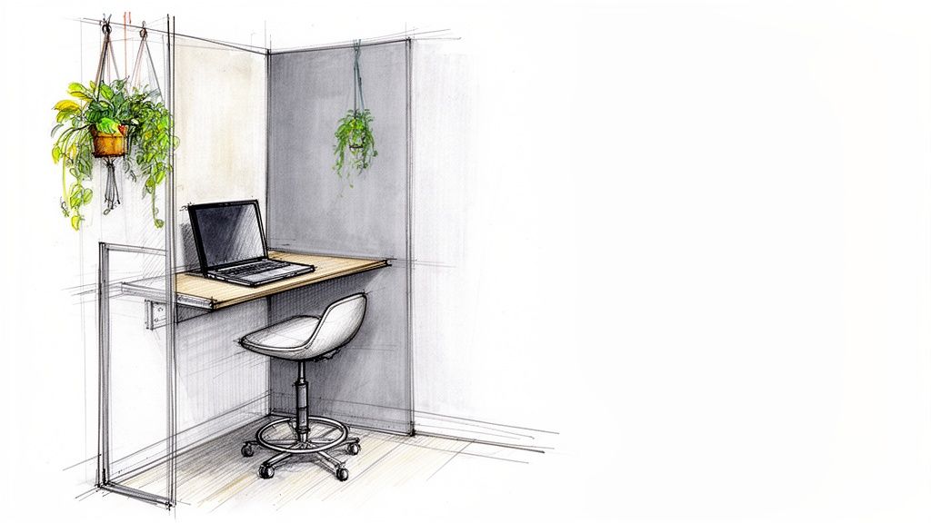 Sketch of a compact home office with a wall-mounted desk, laptop, ergonomic chair, and hanging plants.