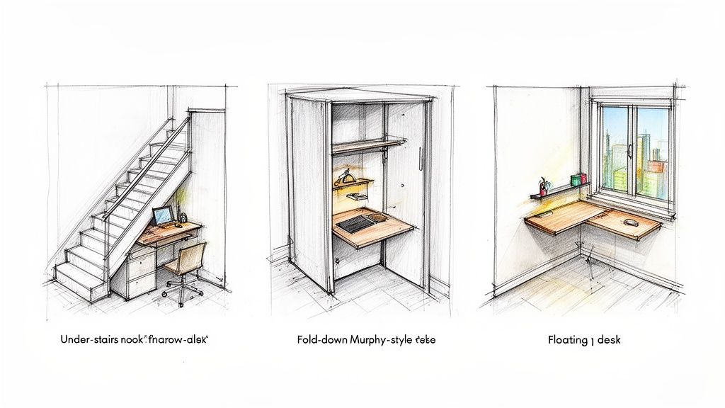 Three creative small home office ideas: under-stairs, fold-down, and floating corner desks.