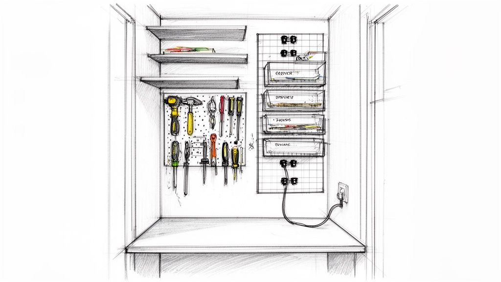 A detailed sketch of a compact home office with a pegboard for tools and organized storage bins.